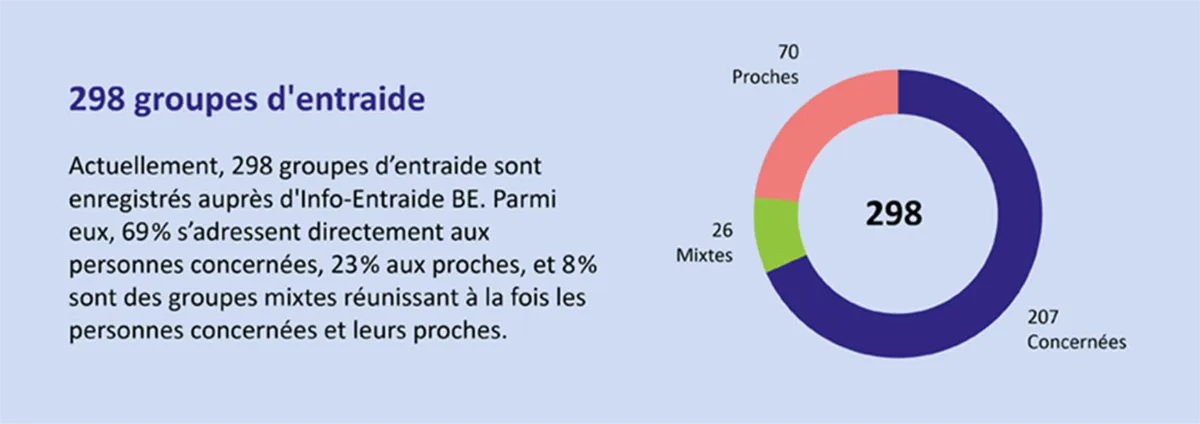 Infographie : 298 groupes d’entraide, dont 69 % pour personnes concernées, 23 % pour proches et 8 % de groupes mixtes. 