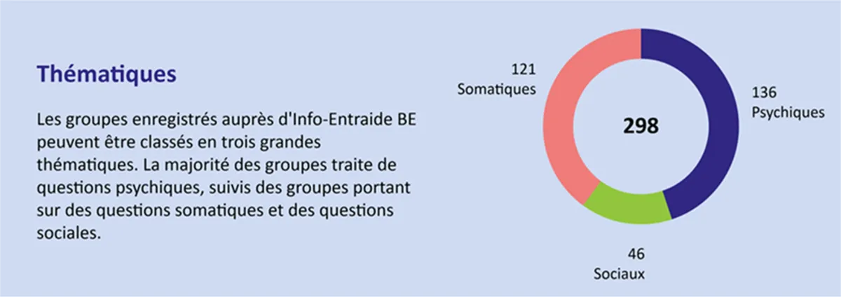 Infographie : répartition des groupes d’entraide par thématique: 136 groupes traitant de thèmes psychiques, 121 de thèmes somatiques et 46 de thèmes sociaux.