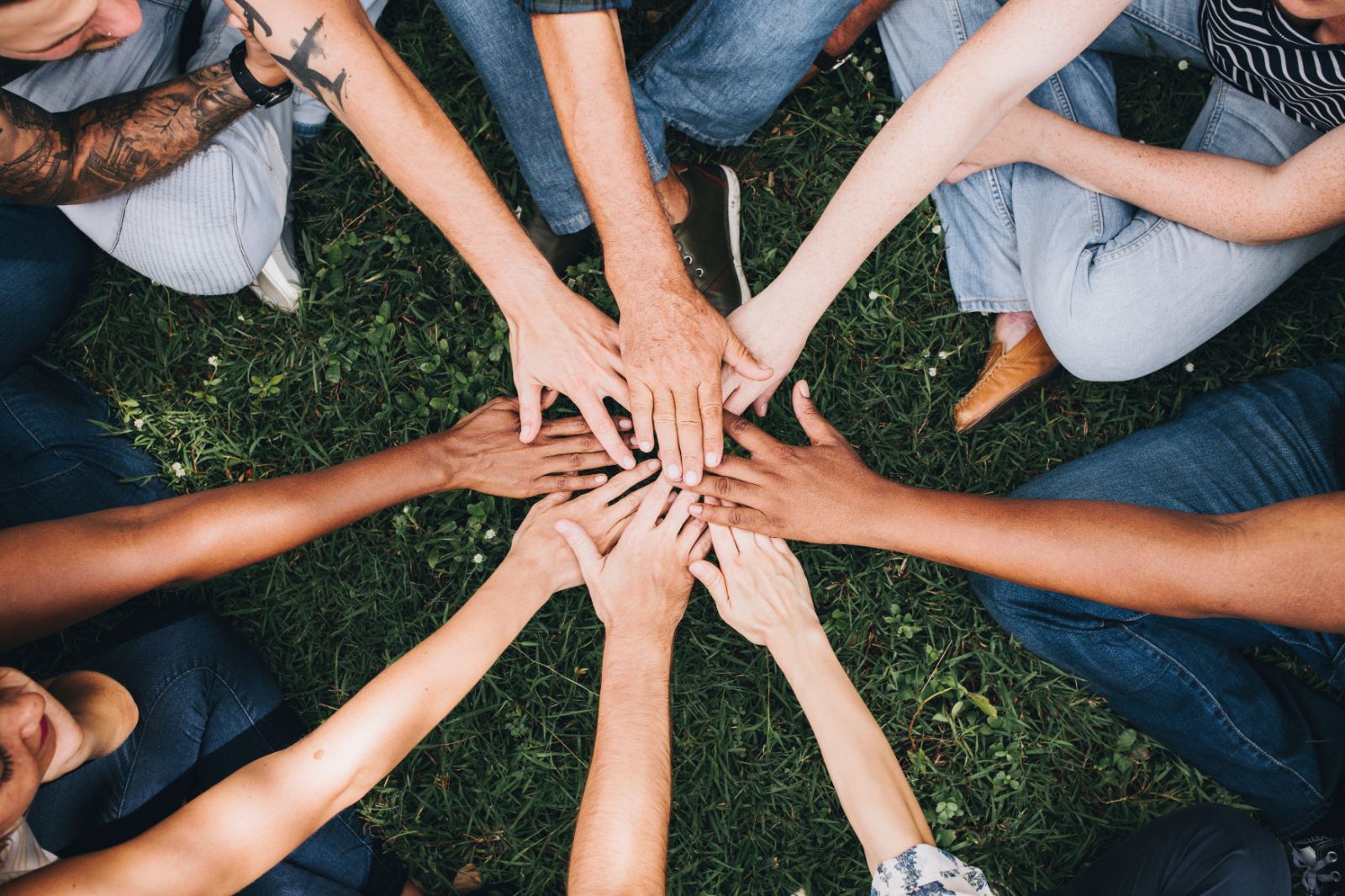 Des personnes assies dehors dans l'herbe se donnent la main