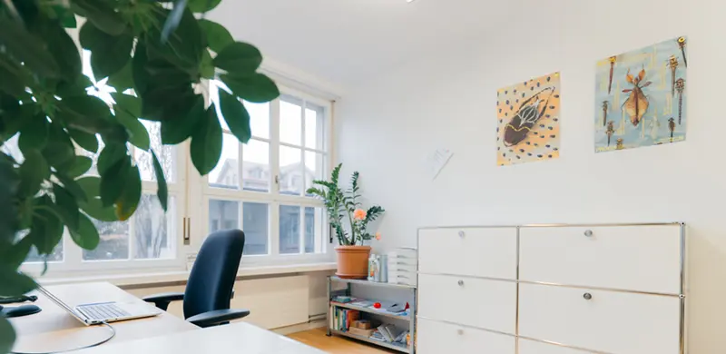 Bureau moderne avec bureau, chaise de bureau, plantes, étagères et deux tableaux abstraits accrochés au mur.